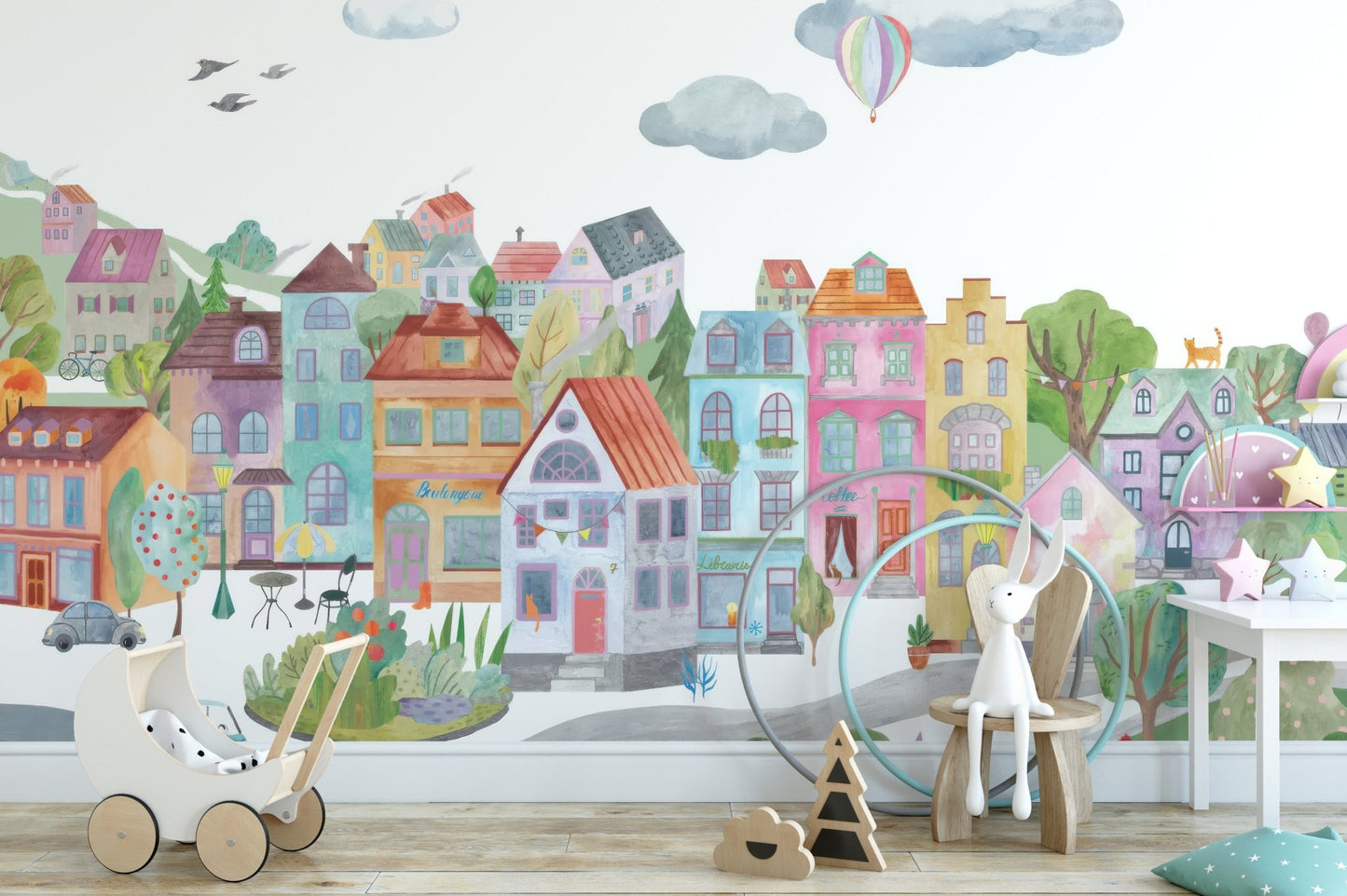 Pastel city skyline wallpaper with trees and small details.