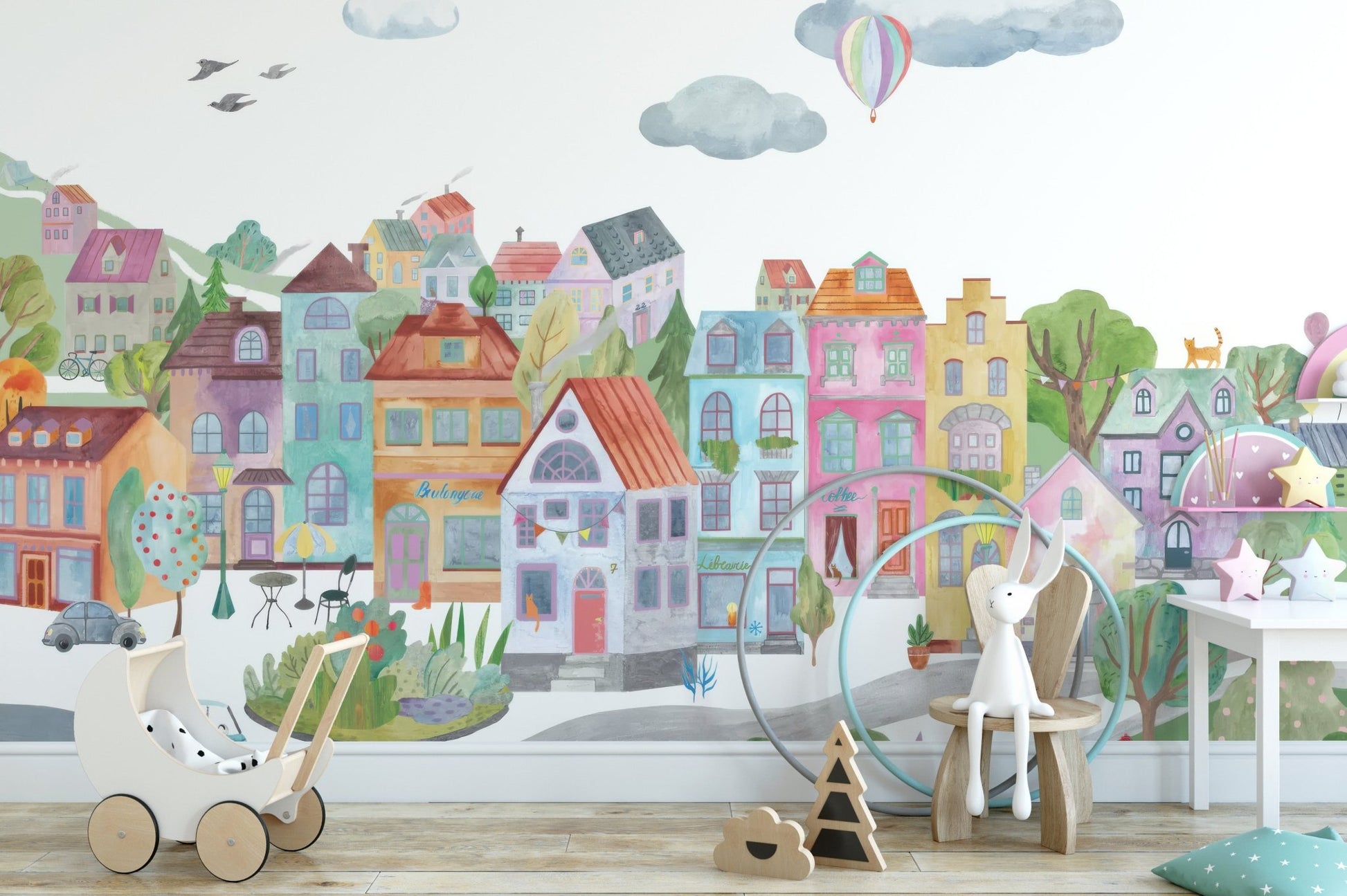 Pastel city skyline wallpaper with trees and small details.