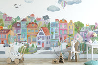 Pastel city skyline wallpaper with trees and small details.