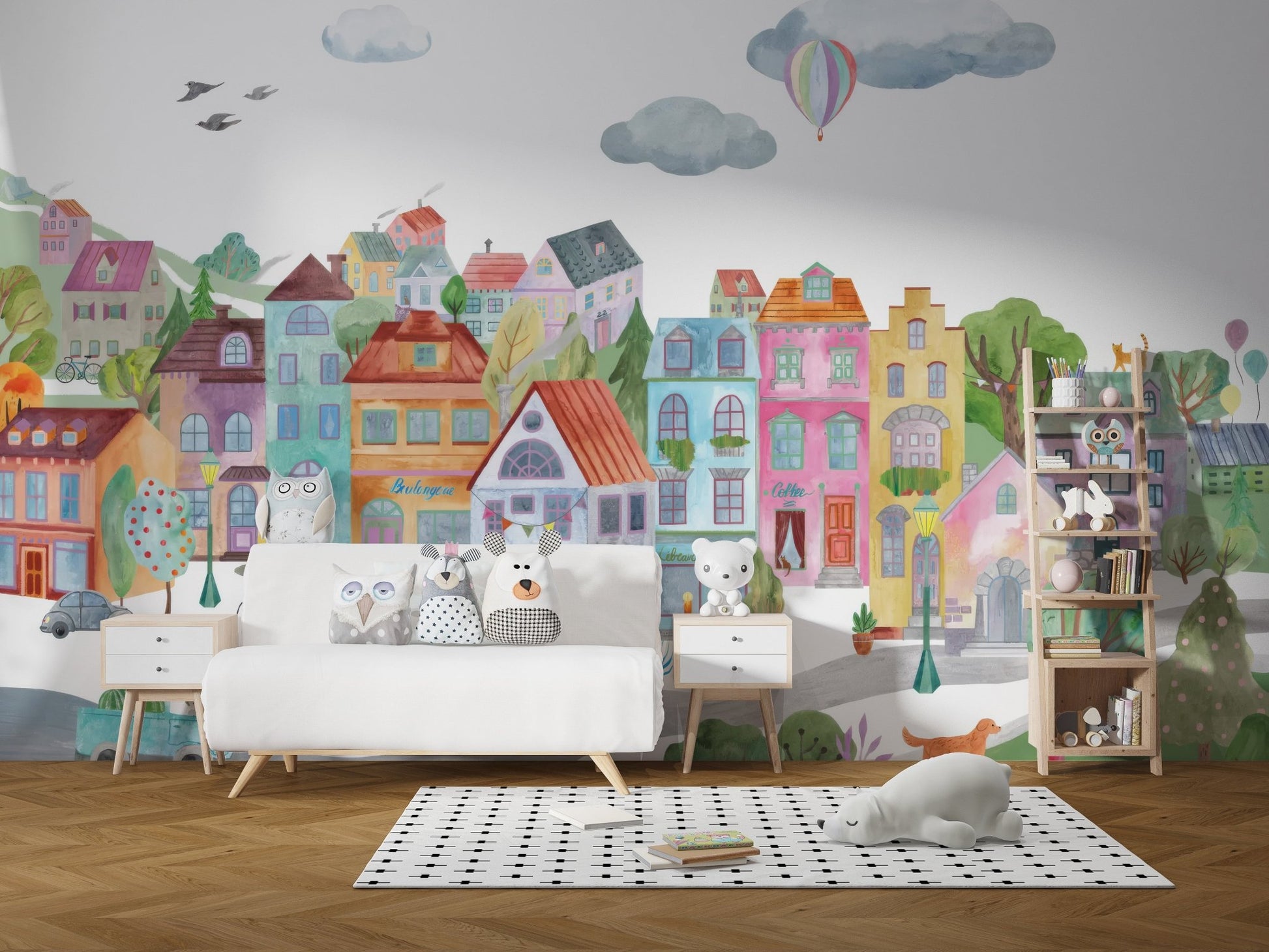 Modern illustrated town view wallpaper in gentle color shades.