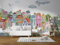 Modern illustrated town view wallpaper in gentle color shades.