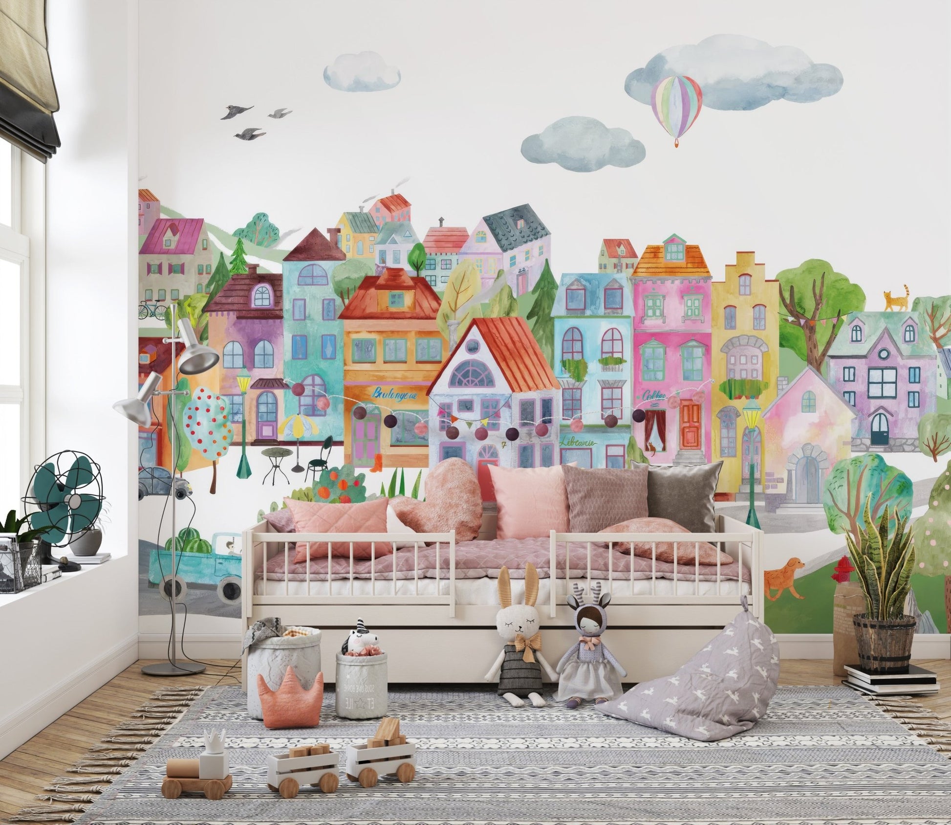 Colorful cityscape wallpaper featuring playful street scenery.