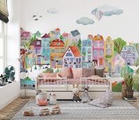 Colorful cityscape wallpaper featuring playful street scenery.
