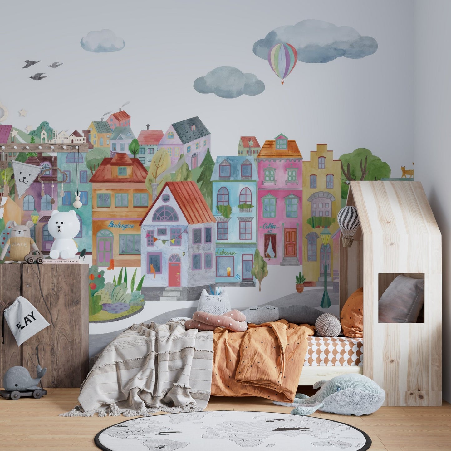 Storybook style urban neighborhood wall mural design.
