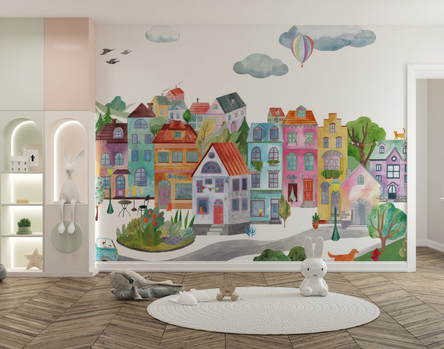 Illustrated city life wallpaper with vibrant color elements.