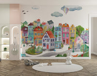Illustrated city life wallpaper with vibrant color elements.