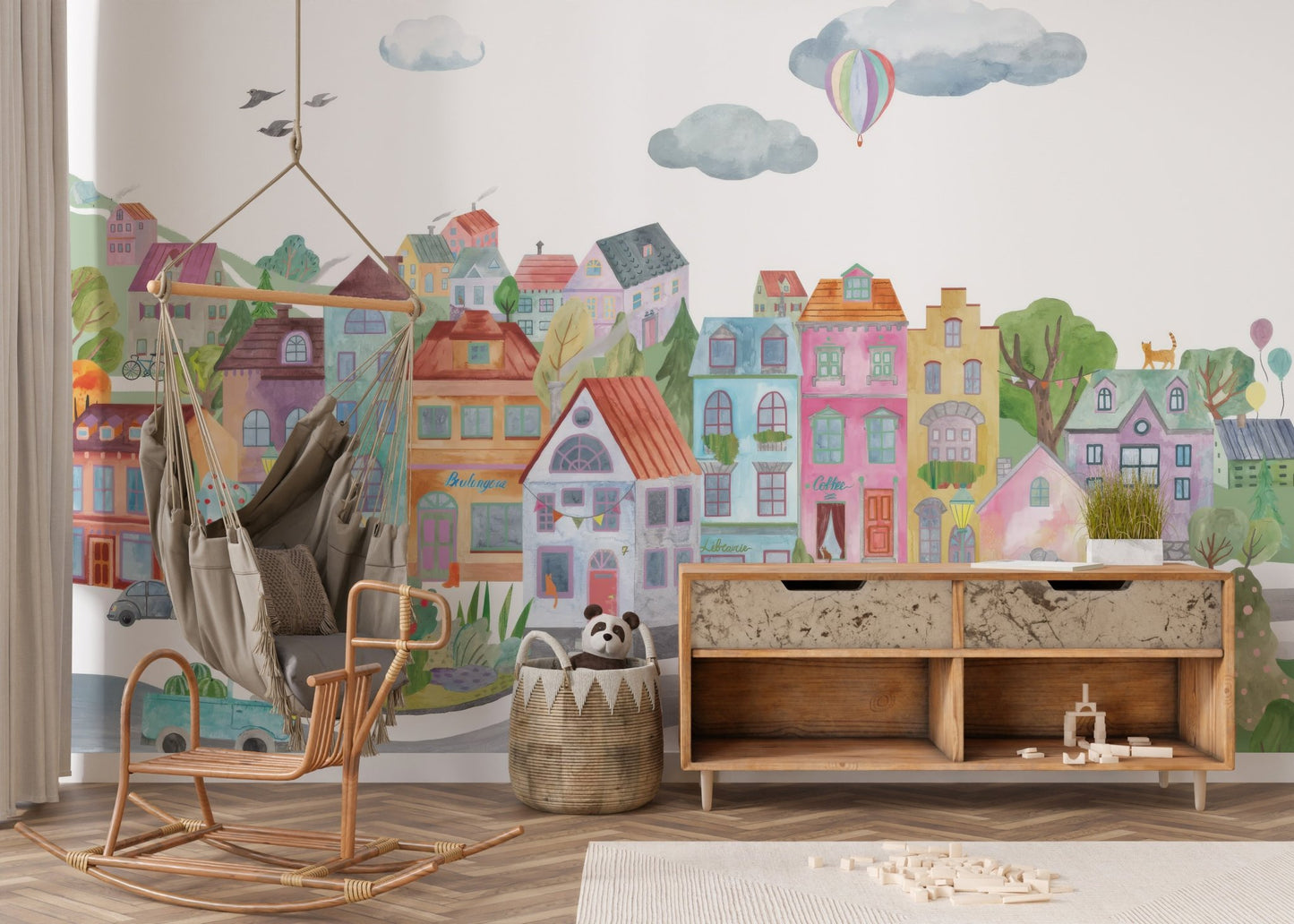Watercolor city homes wallpaper with balanced color accents.