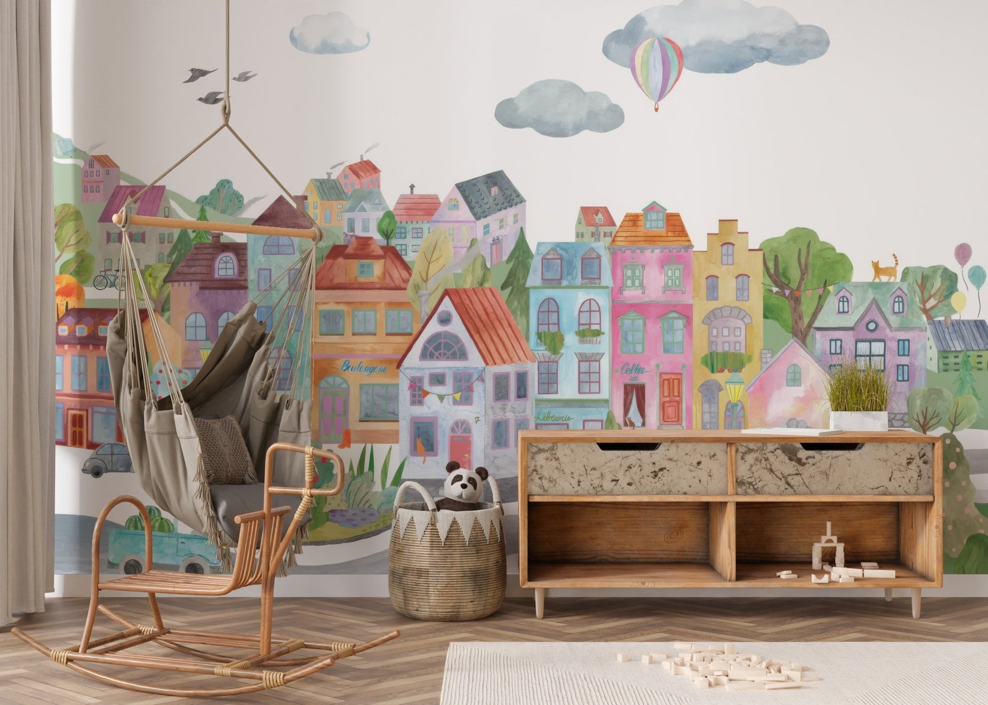 Watercolor city homes wallpaper with balanced color accents.