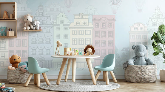 Colorful cityscape wall mural wallpaper with pastel townhouses.