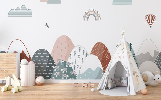 Colorful Climb Kids Room Wall Mural with white teepee tent and wooden toys.
