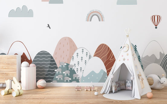Colorful Climb Kids Room Wall Mural with white teepee tent and wooden toys.