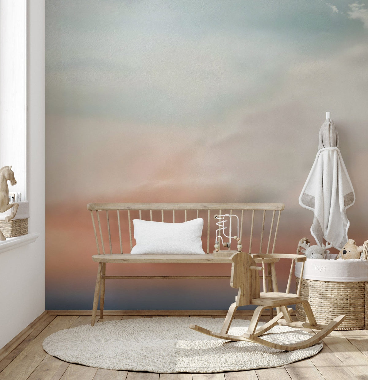 Ethereal cloudscape wallpaper mural with soothing blue and sunset hues.
