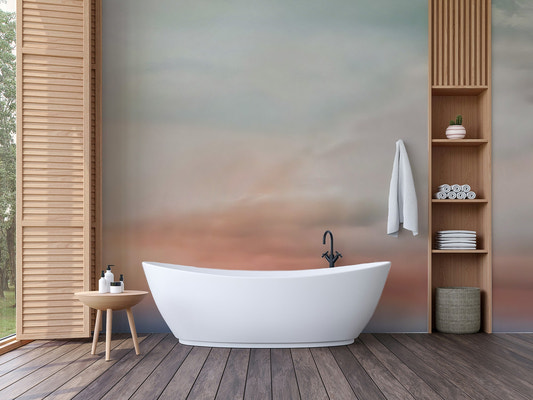Watercolor cloud wallpaper mural featuring gentle orange and cream sky.
