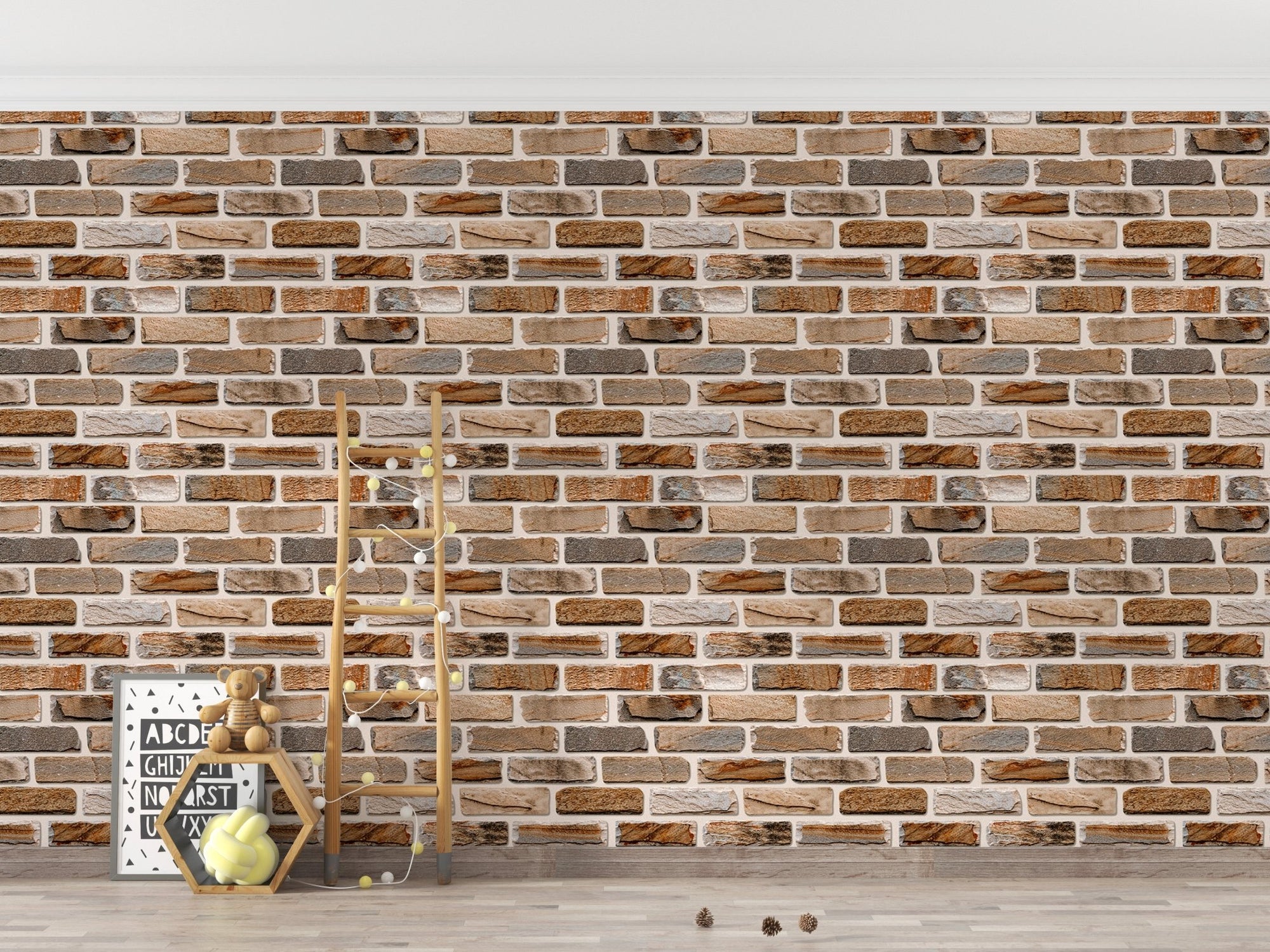 Colorful Digital Seamless Elevation Brick Wall Design Wallpaper in a playroom.