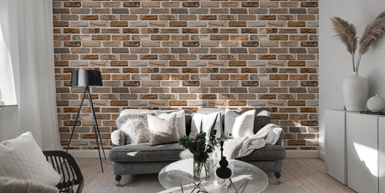 Colorful Digital Seamless Elevation Brick Wall Design Wallpaper in a grey living area.