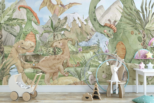 Playful dinosaur wallpaper mural with jungle plants and blossoms.