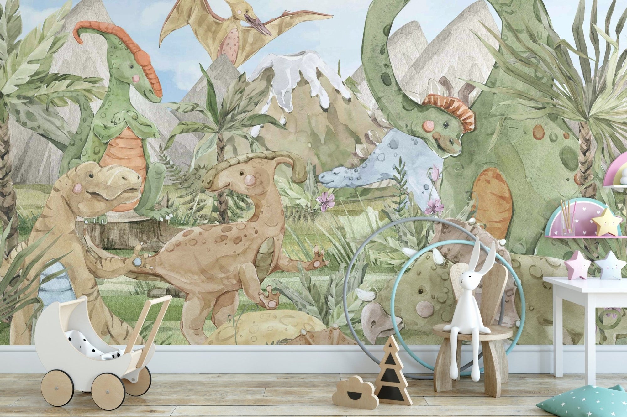 Playful dinosaur wallpaper mural with jungle plants and blossoms.