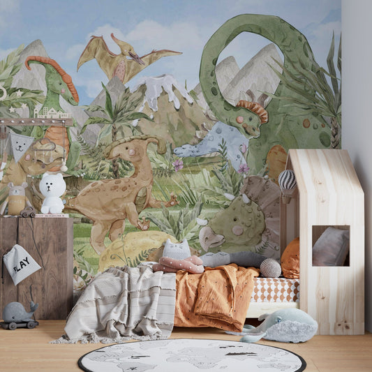 Cartoon dinosaur wallpaper mural in earthy color palette.