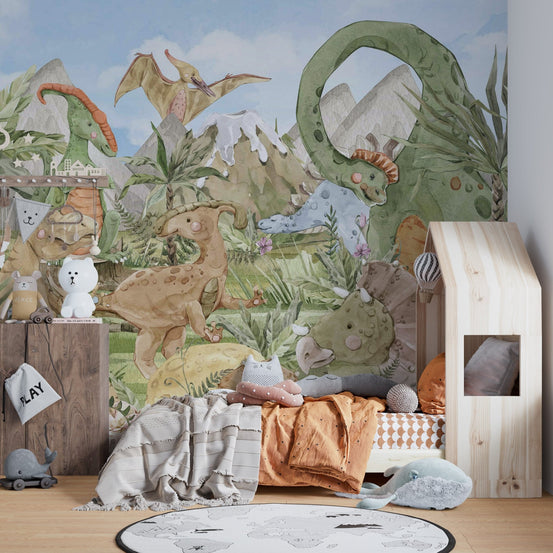 Cartoon dinosaur wallpaper mural in earthy color palette.