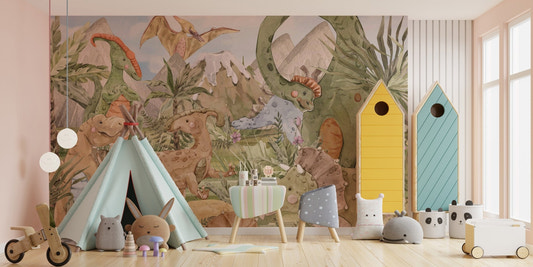 Green and brown dinosaur wall mural with soft watercolor details.