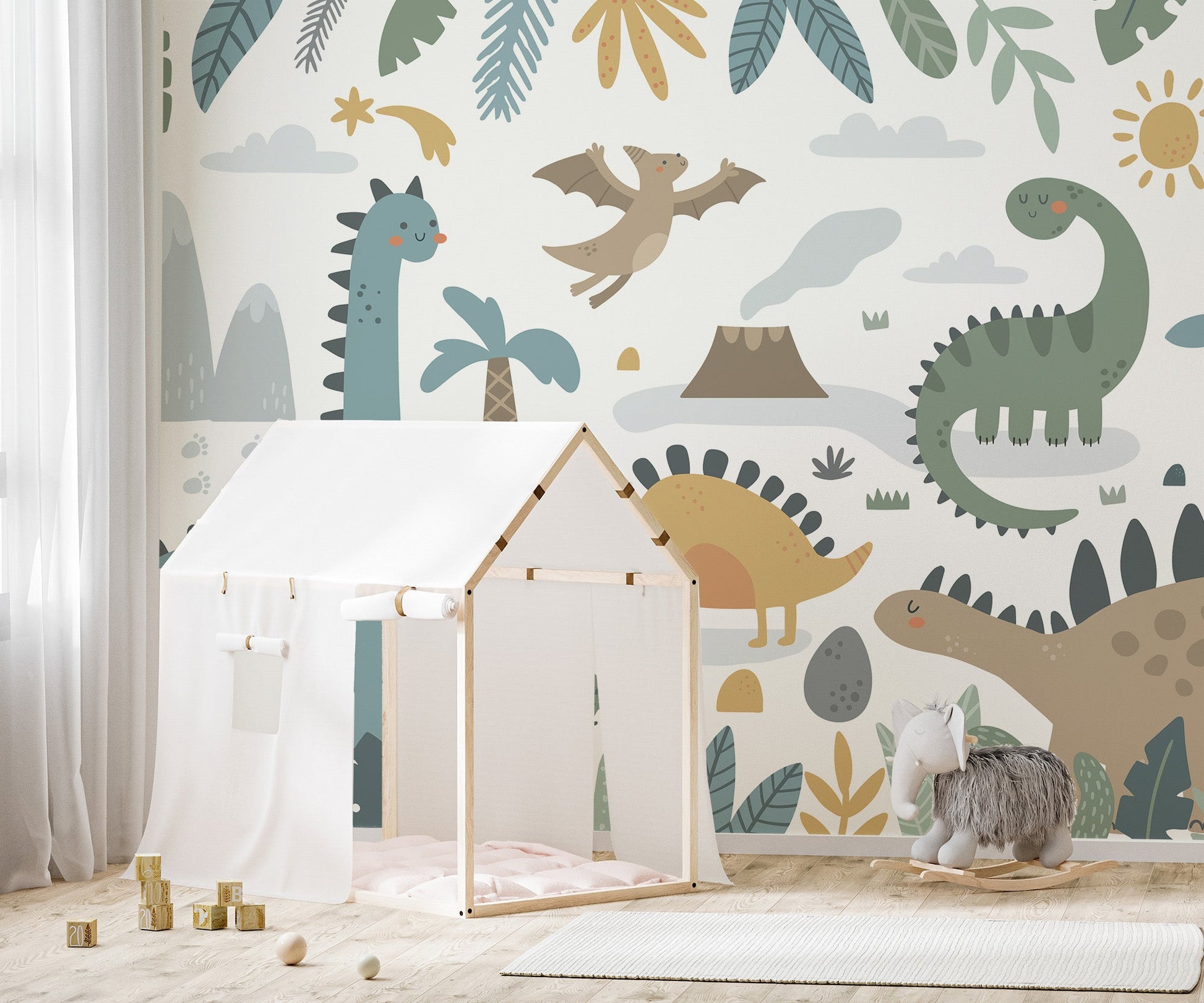 Dinosaur-themed mural with bright colors
