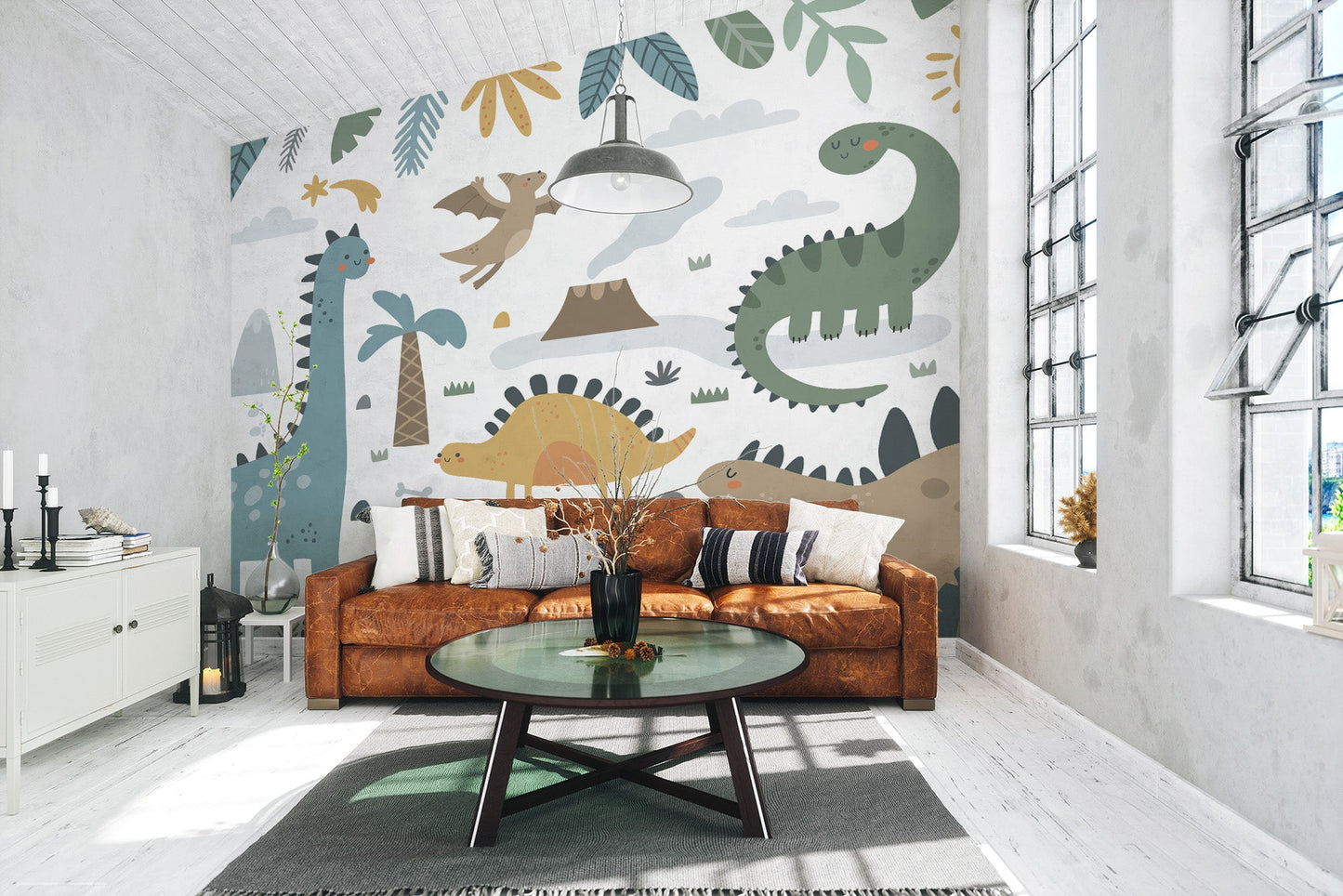 Artistic dinosaur wall mural with colors
