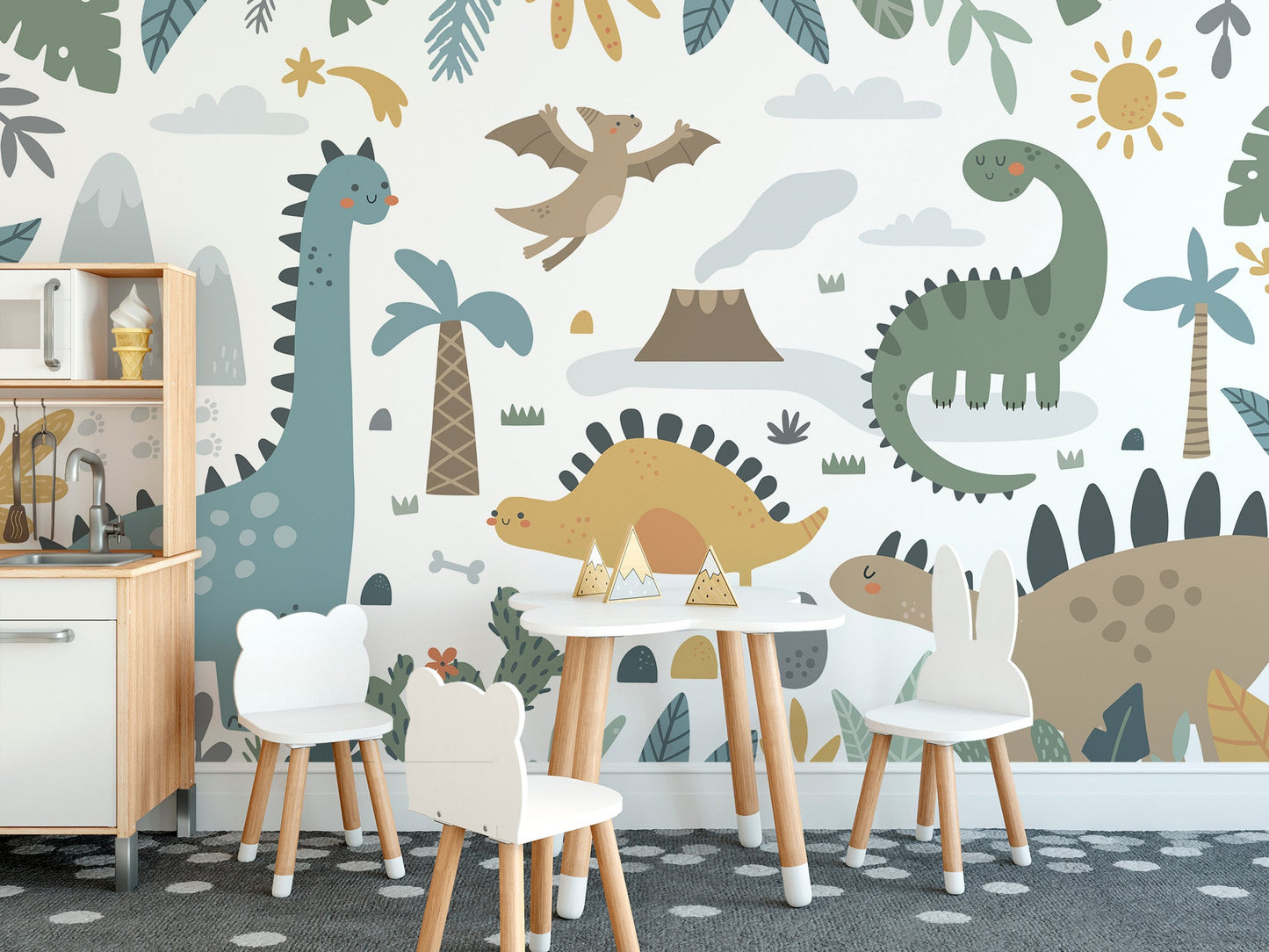Colorful dinosaur mural for playful spaces

