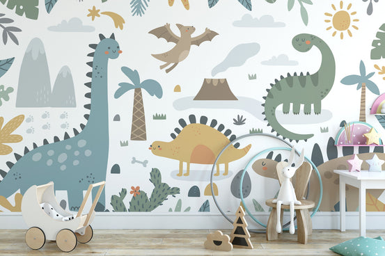 Colorful dinosaur landscape wall mural pastel jungle wallpaper.