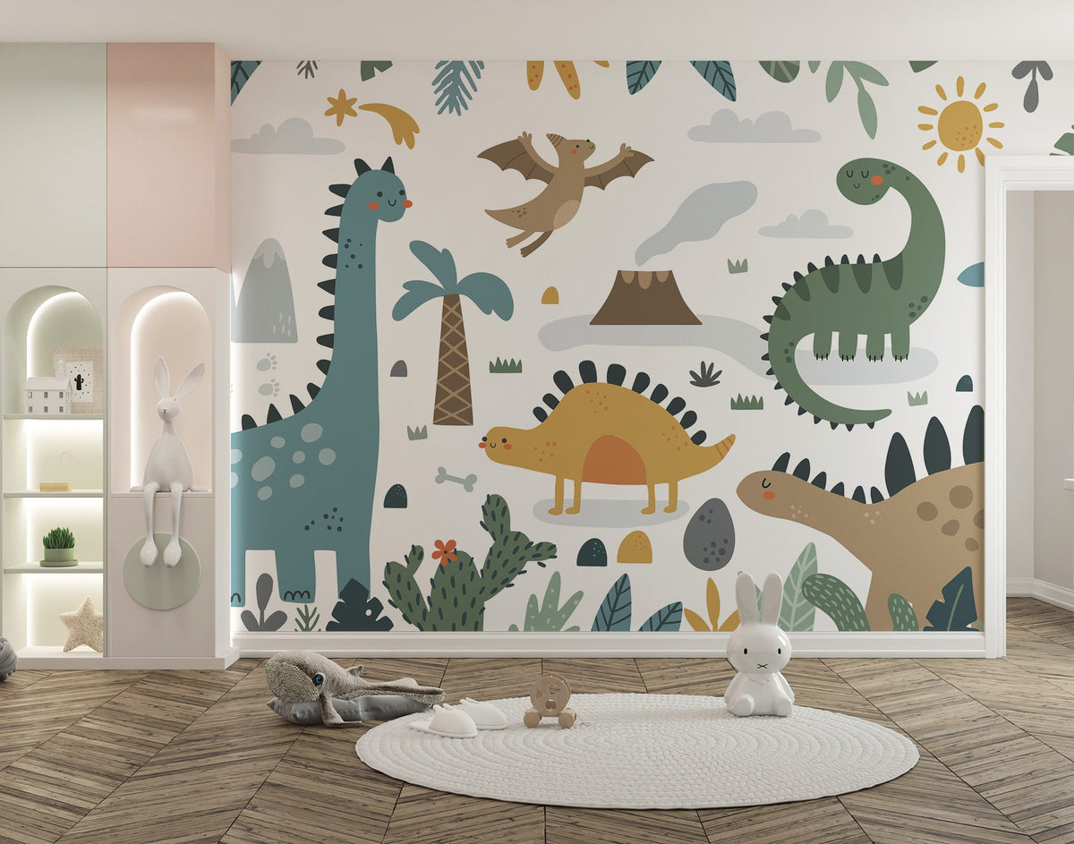 Cute dinosaur theme wall mural with soft green and blue color.