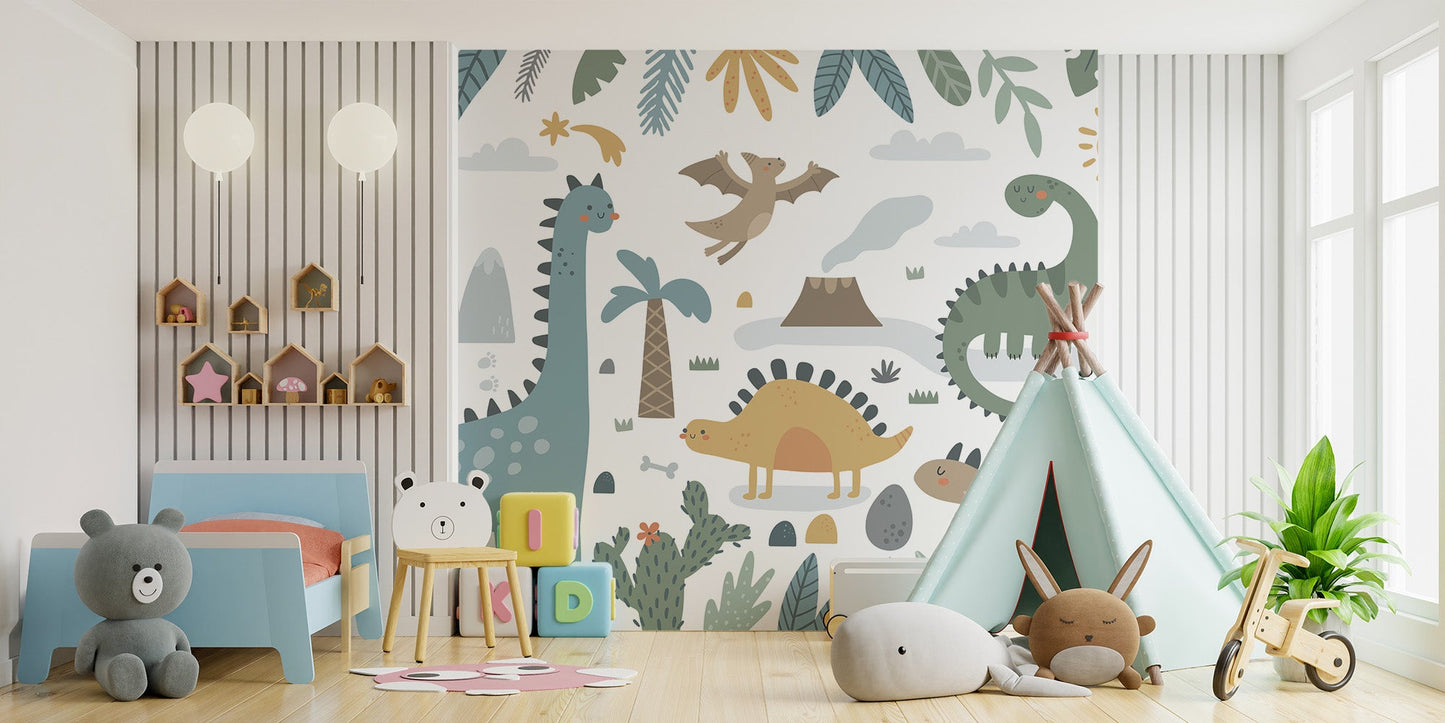 Colorful dinosaur mural for kids' rooms
