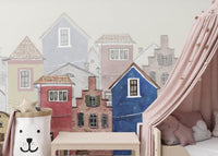 Watercolor architecture wallpaper mural with textured finish.