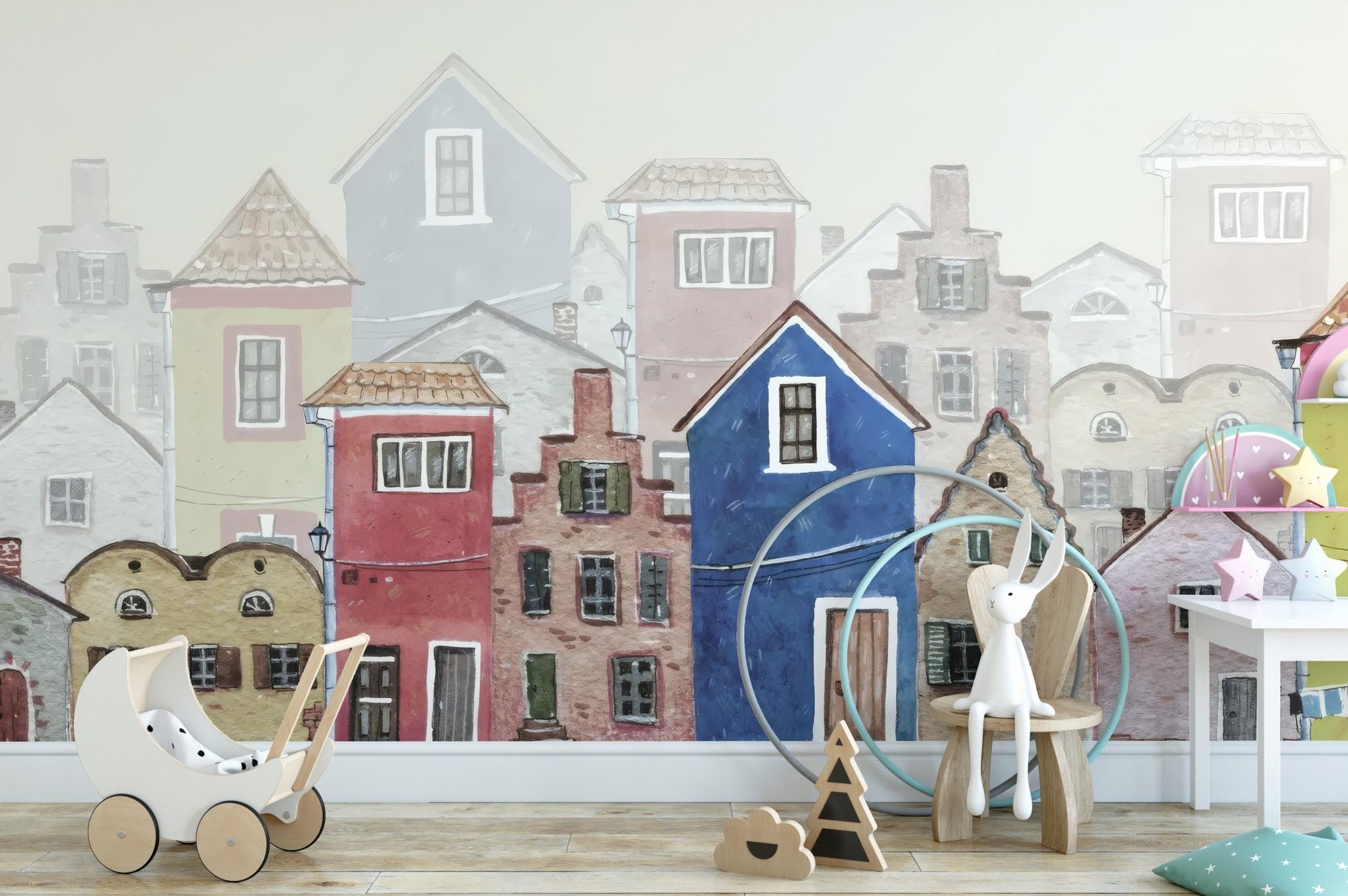 Colorful european houses wall mural with pastel townhouse illustration.