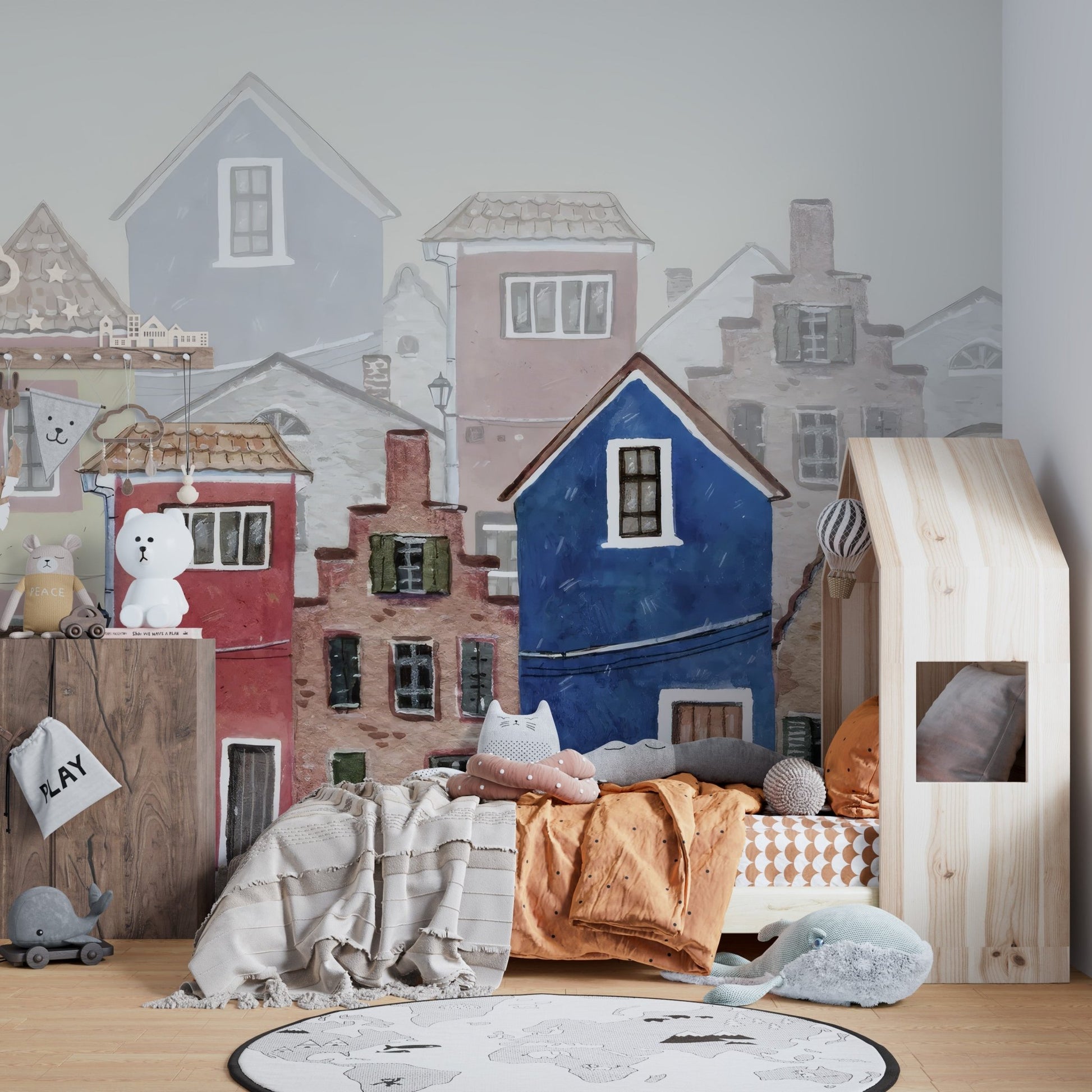 Artistic European street wall mural in soft muted color tones.