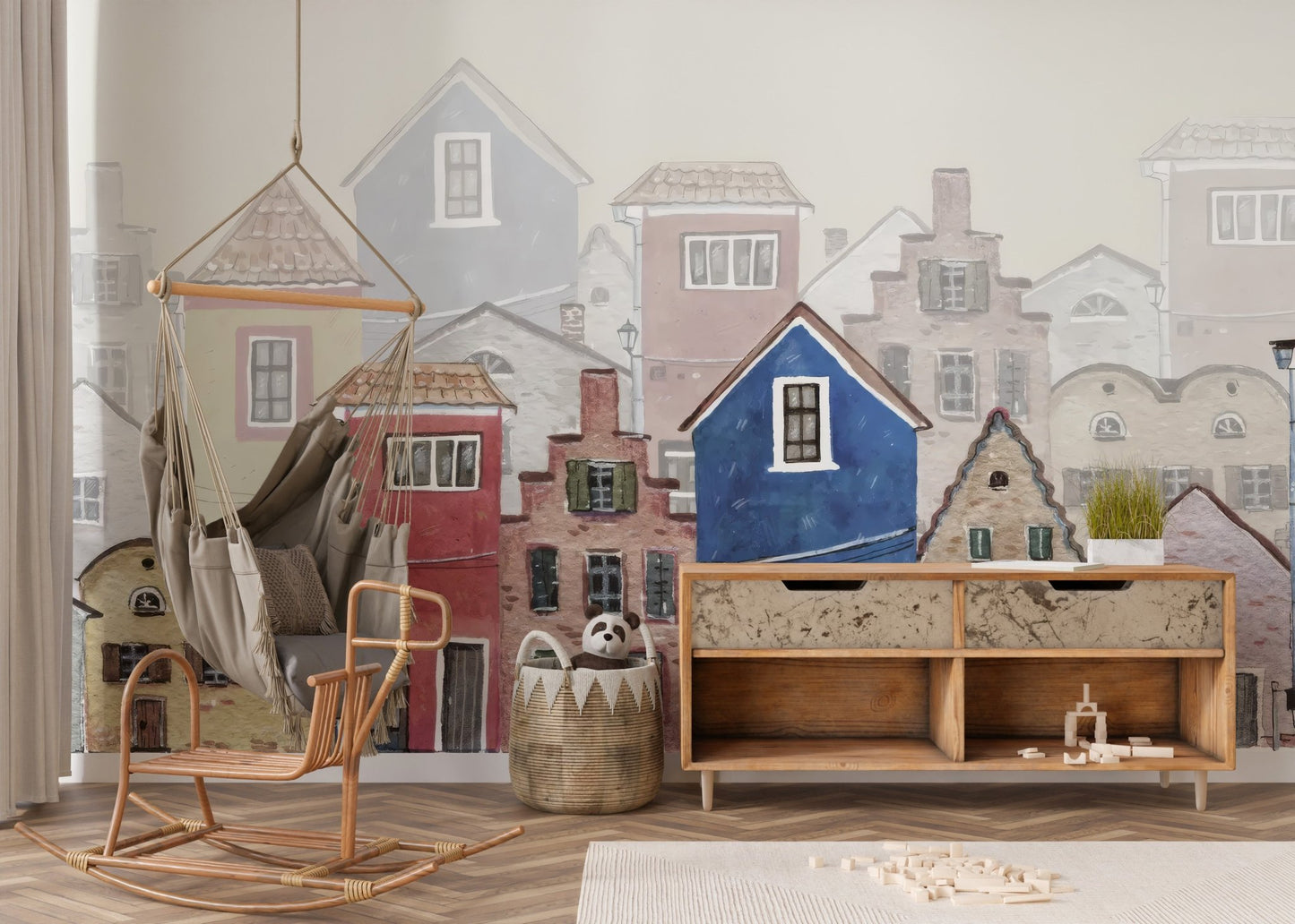 Vintage style houses wall mural with layered cityscape design.