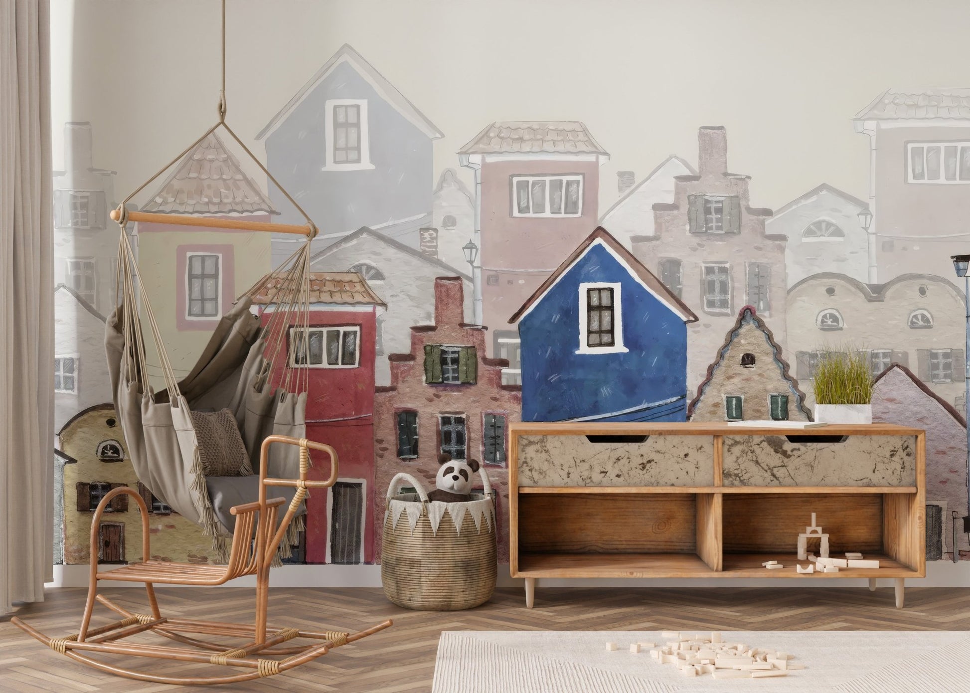 Vintage style houses wall mural with layered cityscape design.