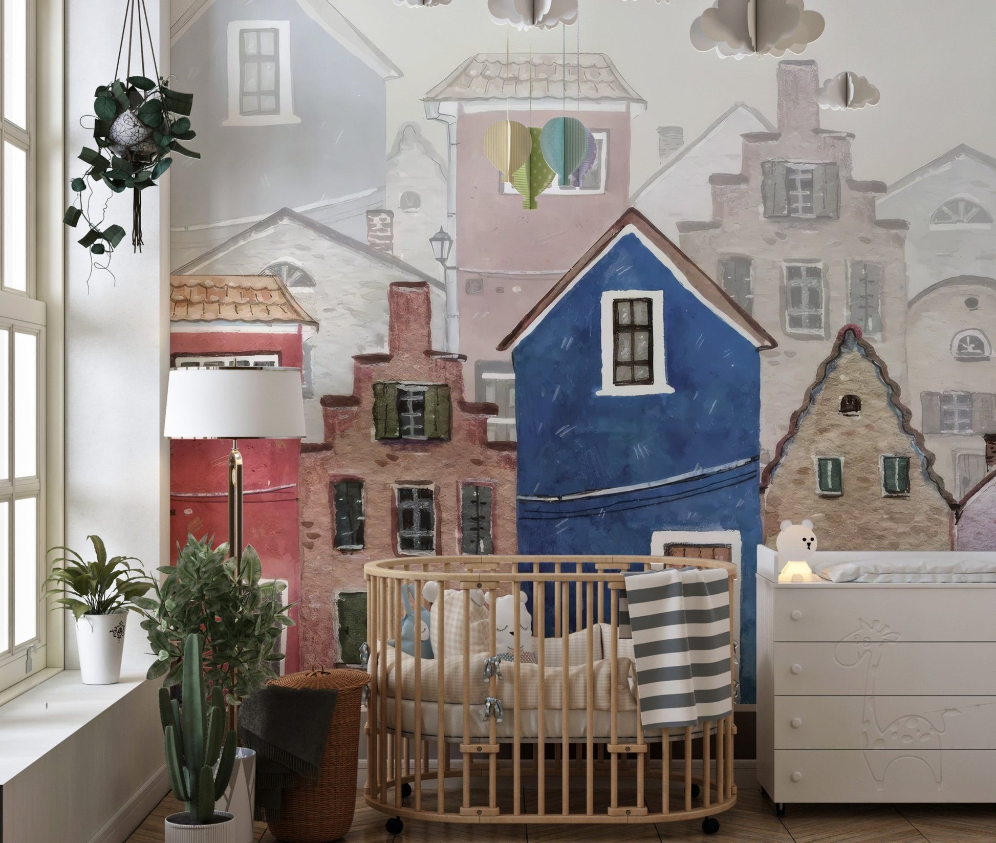 European townhouse wallpaper mural with charming window accents.