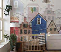 European townhouse wallpaper mural with charming window accents.