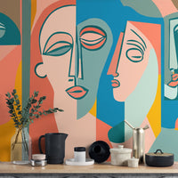 Abstract face art wall decor wallpaper with a creative mid-century modern aesthetic.