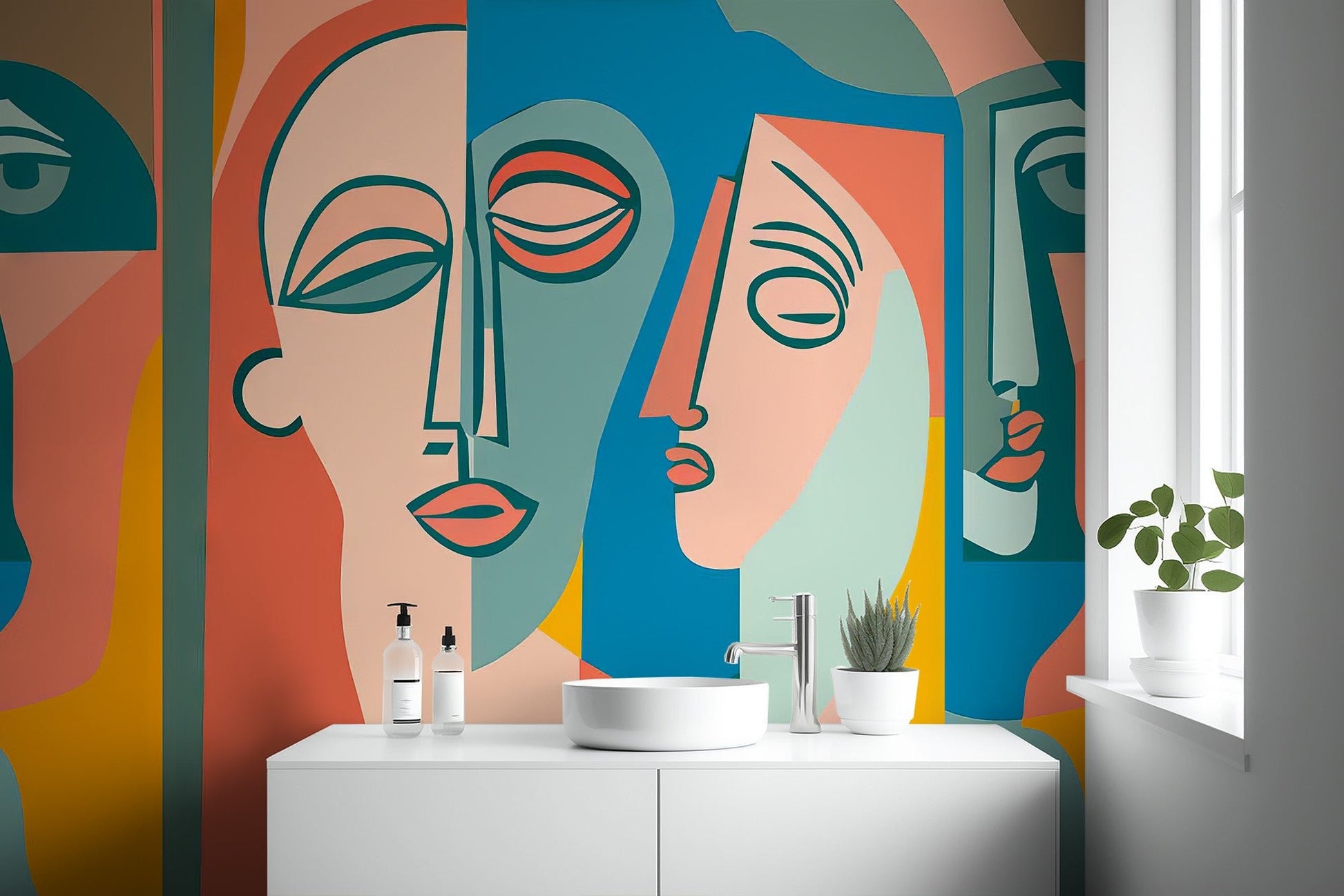 Vibrant face art wall mural for a contemporary interior design project.