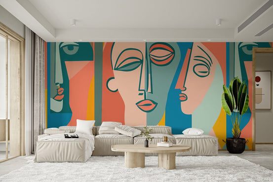Unique decorative wallpaper featuring layered abstract faces and curves.