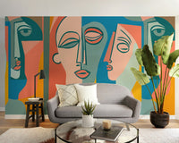 Contemporary face art wallpaper with blue and salmon pink color blocking.