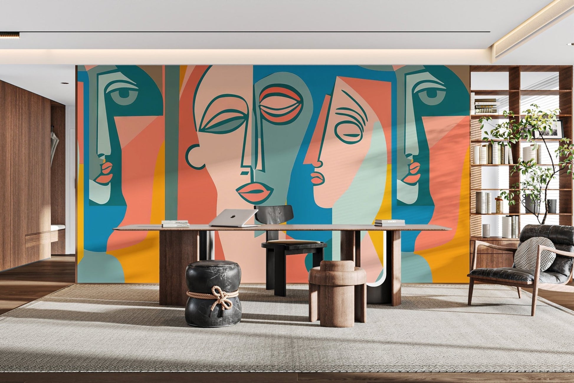 Colorful faces art mural with bold teal and coral geometric shapes.