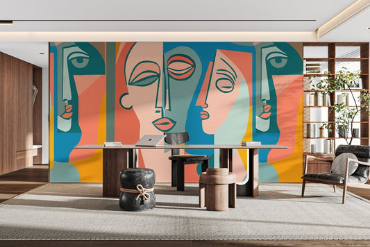 Colorful faces art mural with bold teal and coral geometric shapes.