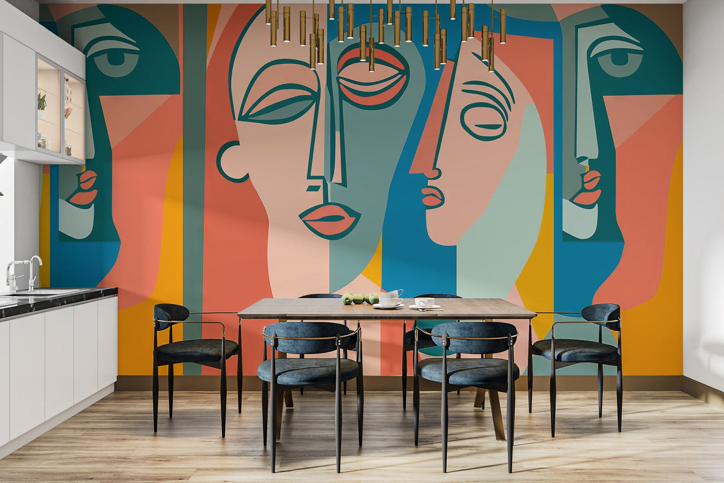 Detailed face illustration mural for a custom feature wall installation.