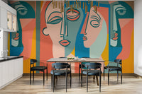 Detailed face illustration mural for a custom feature wall installation.