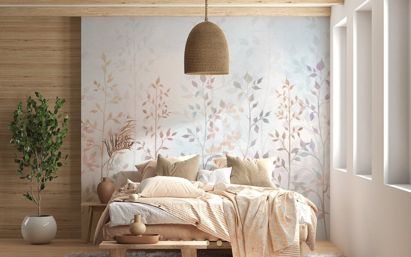 Colorful Field Long Grass Wall Mural in a modern bedroom with wood panels.
