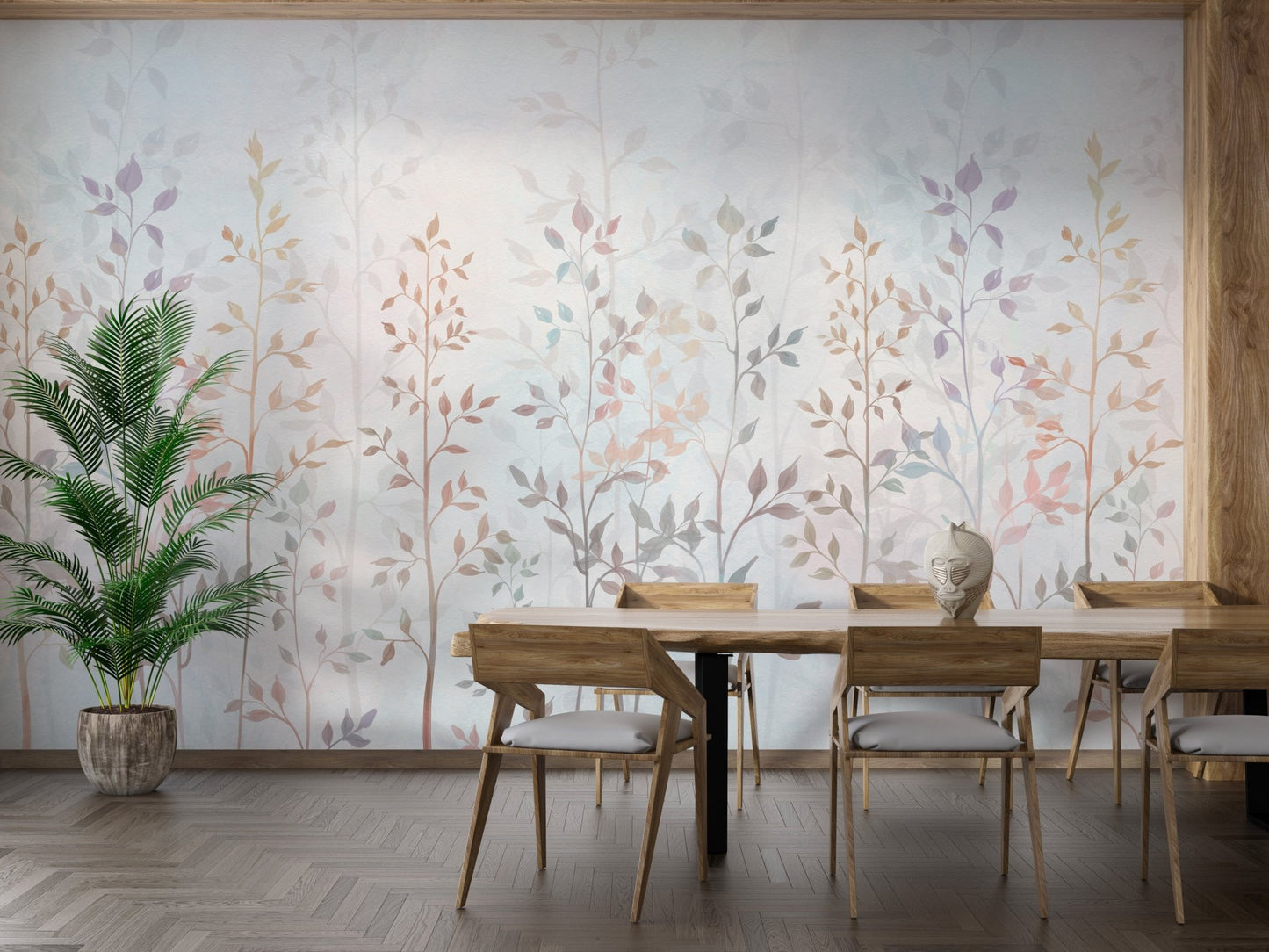 Dining area with wooden furniture and a pastel floral field wall mural.