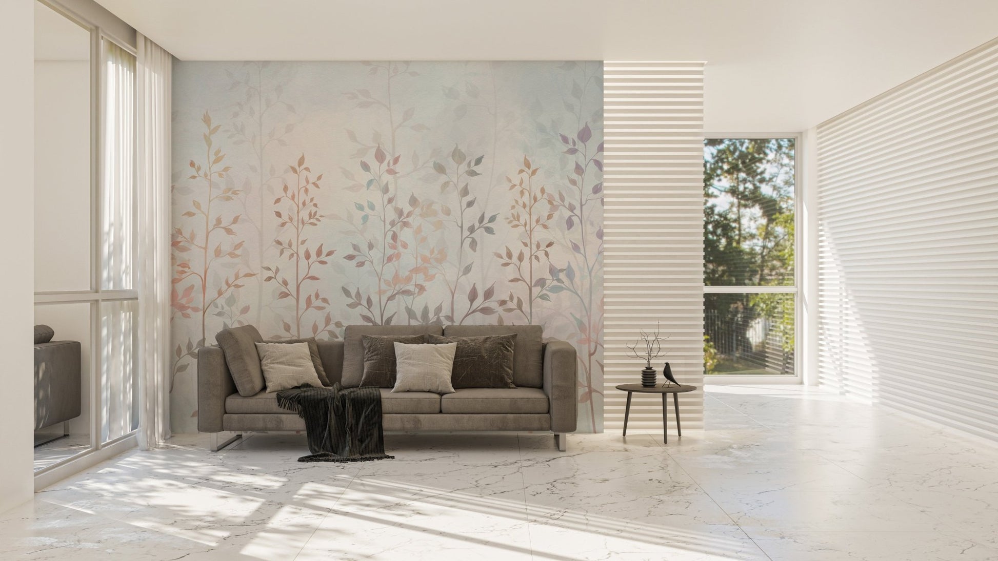Minimalist living room featuring a grey and blue botanical grass wall mural.
