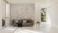 Minimalist living room featuring a grey and blue botanical grass wall mural.