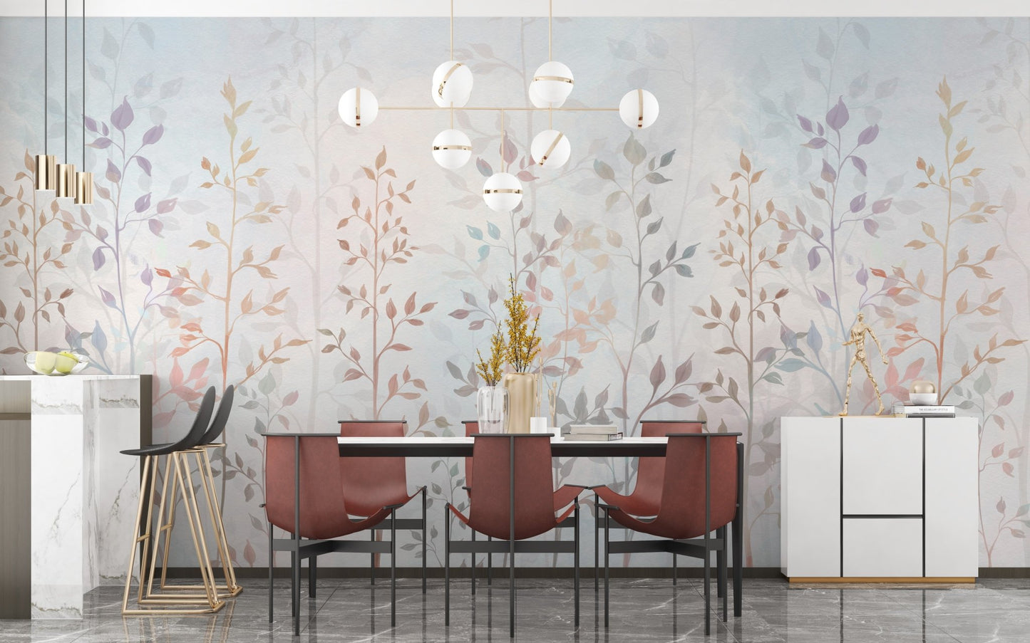 Contemporary dining room decor featuring a long grass wall mural design.